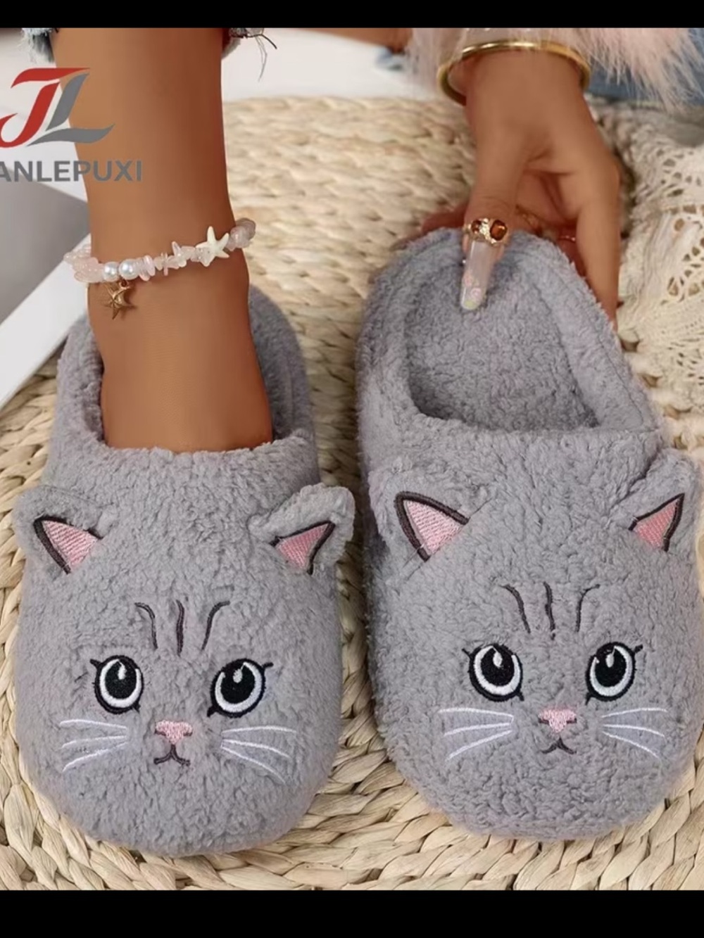Plush Gray Cat Slippers size 8.5-9